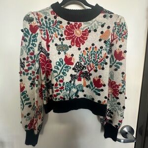 FARM Floral Multicolor Cropped Sweater with Black Trim